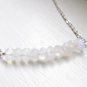 Rainbow moonstone bar necklace June birthstone delicate chain rondelles fire flash