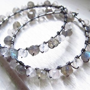 Labradorite rainbow moonstone hoop earrings oxidized sterling silver gold June birthstone rondelles smoky grey fiery wire wrapped