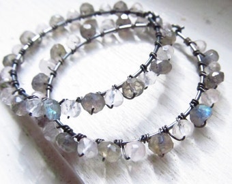 Labradorite Rainbow Moonstone Hoop Earrings: Oxidized Sterling Silver