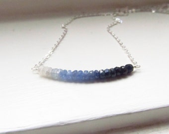 Sapphire necklace September birthstone ombre bar blue silver chain rondelles gradient multi