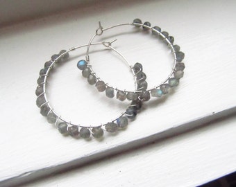 Labradorite earrings large hoops sterling silver blue flash