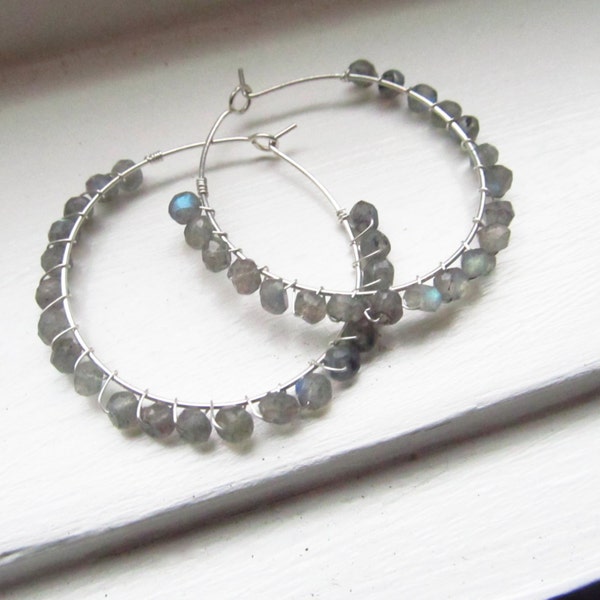 Labradorite earrings large hoops sterling silver blue flash