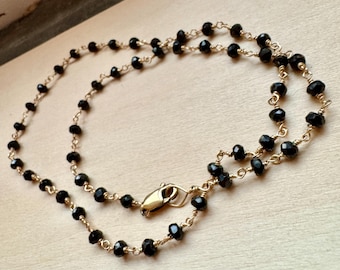 Black rosary necklace spinel yellow gold fill custom length