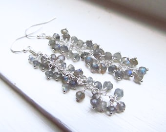 Labradorite earrings cluster dangle silver smoke fire