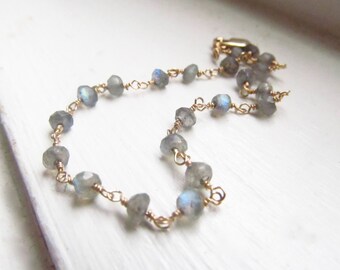 Labradorite bracelet rosary grey blue flash silver gold station style