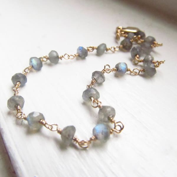 Labradorite bracelet rosary grey blue flash silver gold station style