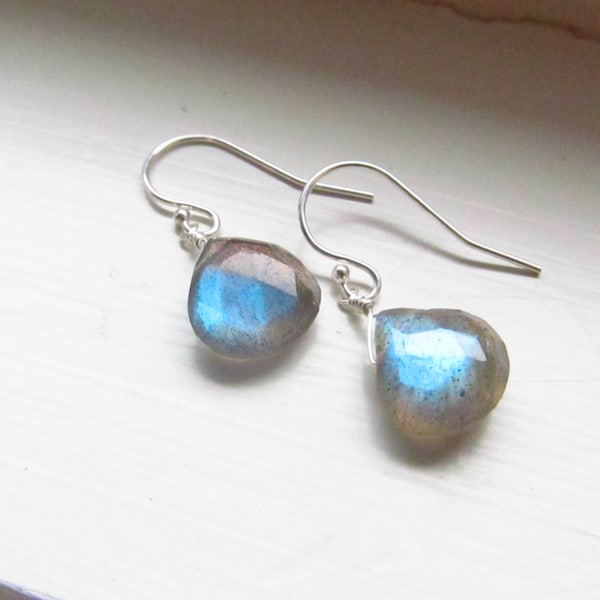 Labradorite earrings sterling silver gold fill heart faceted blue fire flash petite