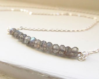 Labradorite necklace bar sterling silver or gold chain delicate