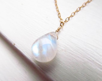 Rainbow Moonstone Teardrop Necklace: June Birthstone, Gold or Silver