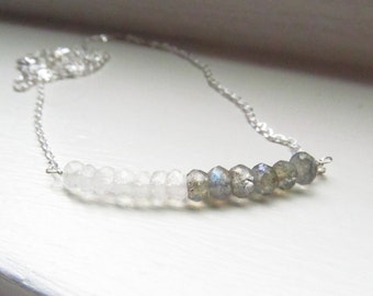 Moonstone labradorite necklace June birthstone silver chain rondelles fire flash