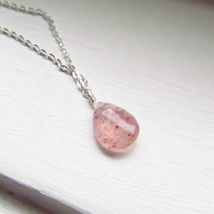 Strawberry quartz necklace sterling silver gold simple briolette necklace