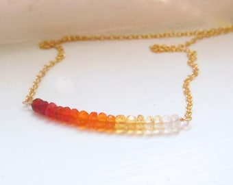 Fire opal necklace ombre bar gradient orange white gold silver chain rondelles October birthstone