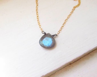 Labradorite briolette necklace silver gold chain simple minimal