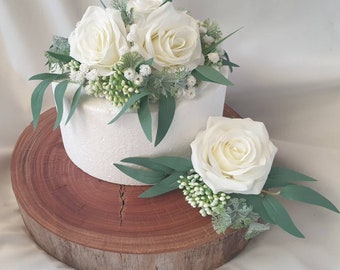 Rustic Rose Cake Topper White Open Roses and Eucalyptus Silk Fake Flowers