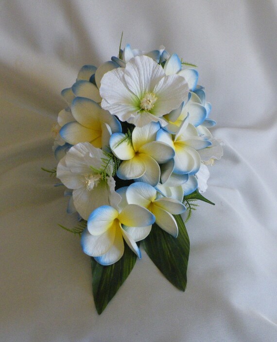 Bleu Frangipanier Hibiscus Blanc Plumeria Destination Mariage Fleurs Bouquet Artificiel