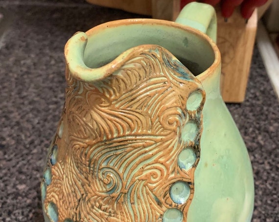 Original Textured Ceramic Pitcher in Soft Blue Green