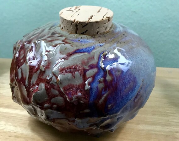 Sculptural Round Vase in Purple Hues or Jar with Cork