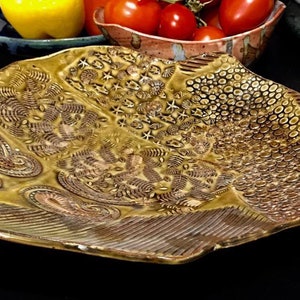 Textured Serving Platter in Saturated Amber and Coppery Rutile Accents