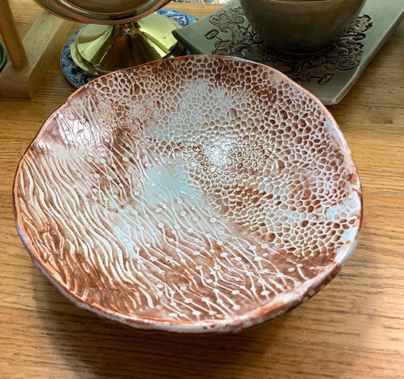 Wildly Textured Ceramic Bowl in Soft Brown and Blue