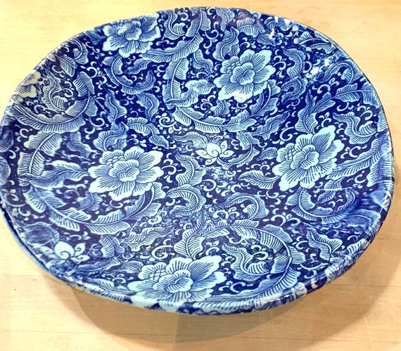 Gorgeous Floral Ceramic Serving Bowl in Rich Blue and Green With Free shipping