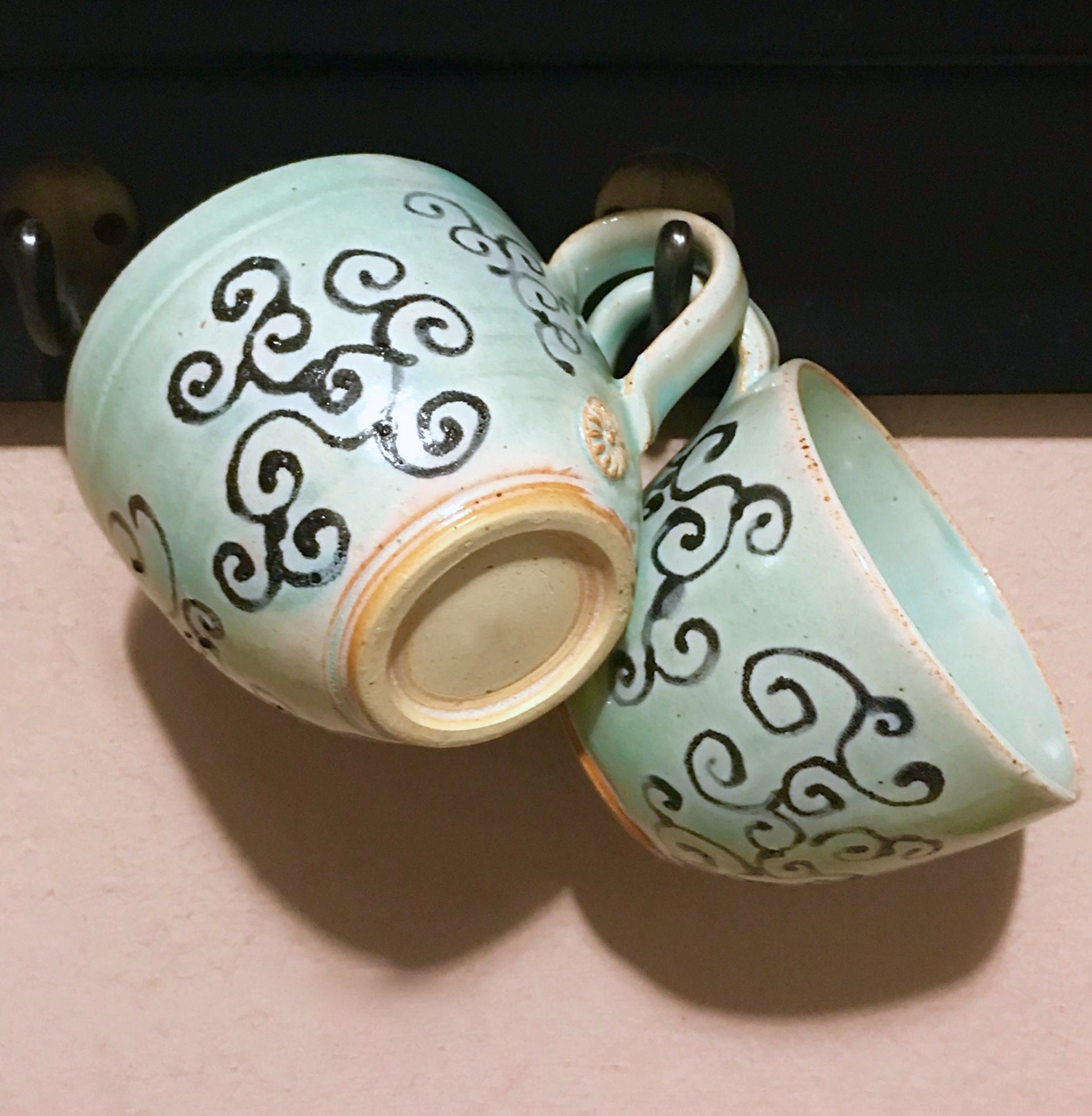 Set of 2 Soft Blue Green Cappuccino/ Tea Cups with Swirl Pattern