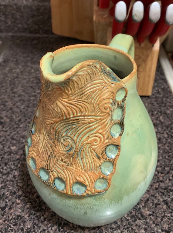 Original Textured Ceramic Pitcher in Soft Blue Green