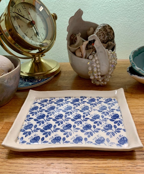 White Stoneware Ceramic Plate with Delicate Blue Floral Design