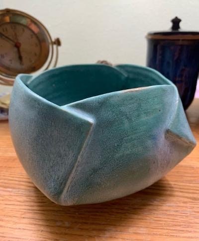 Square Ceramic Origami Bowl in Satin Teal Glaze