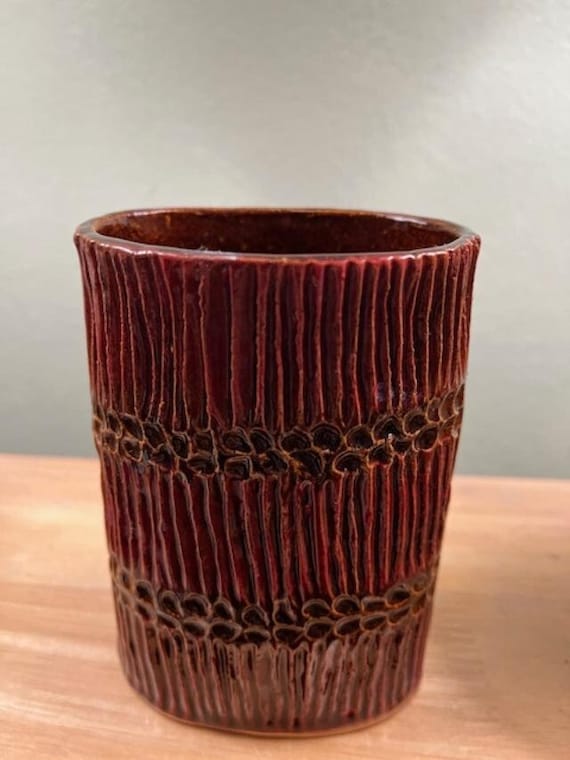 Unique Hand made Ceramic Textured Holder  or Vase in Red and Golden Brown