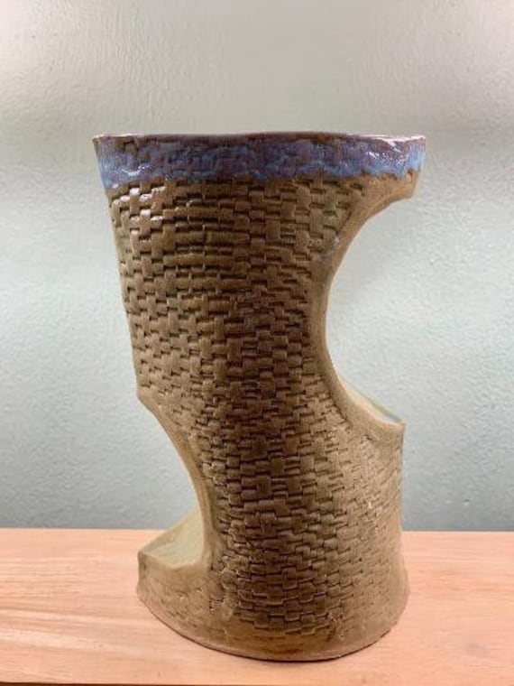 Unique Textured Ceramic Vase with Geometric Cut outs in Celedon