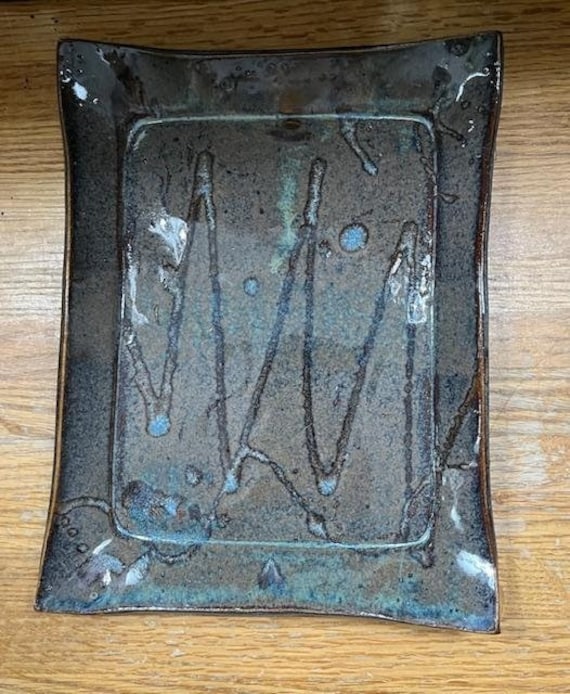 Decorative Ceramic Serving Tray In Pale Blue and Brown