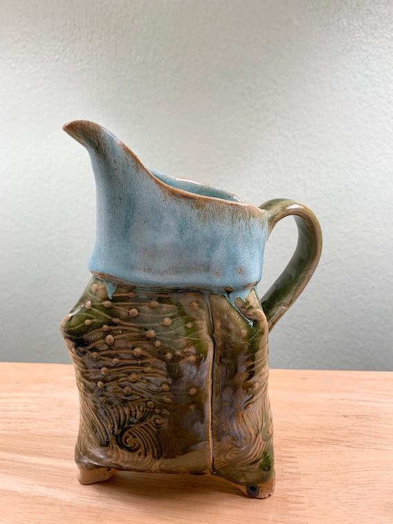 Beautiful Ceramic Textured Creamer in Seafoam and Pale Blue