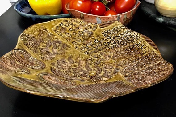 Textured Serving Platter in Saturated Amber and Coppery Rutile Accents