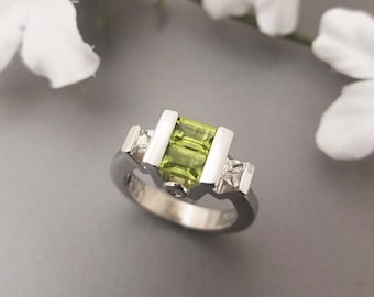 Dual Peridot Ring, Fine Jewelry, Sterling Silver Classic Ring, Peridot Jewelry