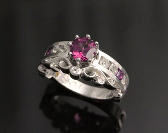 Rhodolite Garnet Filigree Channel Band, Garnet Bridal Ring, Silver Gemstone Ring