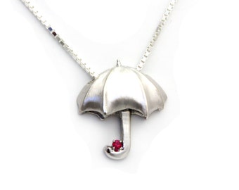 Birthstone Pendant, Silver Umbrella, Jewelry Talisman, Custom Silver Pendant