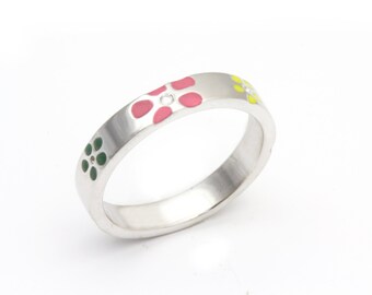 Flower Band, Enamel Jewelry, Diamond Stacking Ring, Enamel Ring