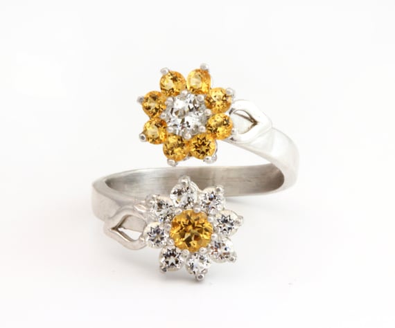 Yellow Topaz Flower Ring, Sterling Silver Cocktail Ring