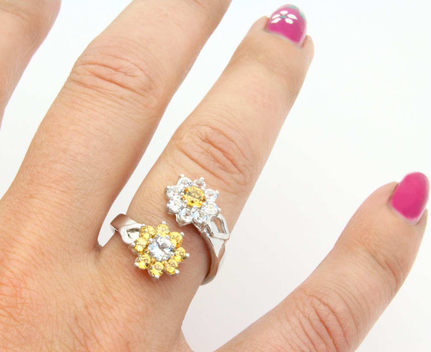 Yellow Topaz Flower Ring, Sterling Silver Cocktail Ring