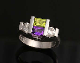 Dual Amethyst and Peridot Ring, Birthstone Jewelry, Sterling Silver Contemporary Ring