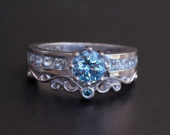 Blue Topaz Filigree Channel Band, Blue Bridal Ring, Silver Blue Topaz Ring