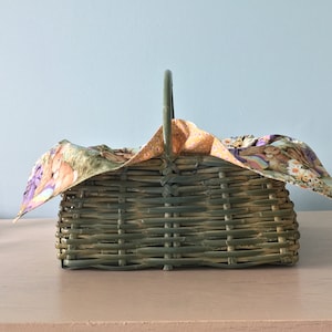 Woven Upcycled Green Summer/Easter Basket with Cotton Cloth with Bunnies in Baskets and Eggs/Decorative Edge Stitching/Ready to Ship
