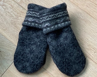 Women's Lambswool Repurposed Sweater Mittens/Gray and Black Color Design/Size Small/Black Polyester Fleece Lining/Ready To Ship