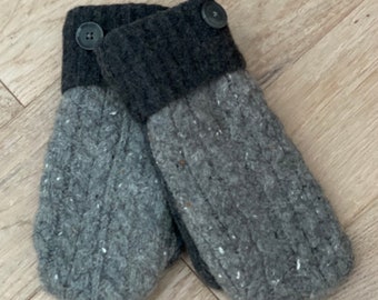 Women's Wool Repurposed Sweater Mittens/Gray Color/Size Small/Black Polyester Fleece Lining/Plastic Buttons/Ready To Ship