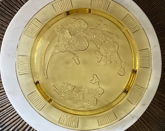 Vintage Yellow Depression Glass Footed Platter/Cabbage Rose/Ready to Ship