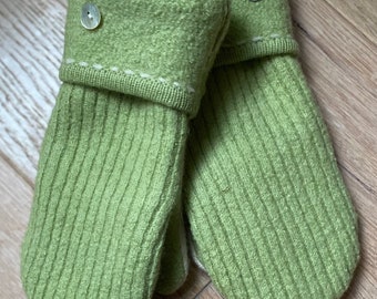 Felted Recycled Sweater Mittens/Green and Cream and Cream/Women’s Size Small/Cream Polar Fleece Lining/Ready To Ship