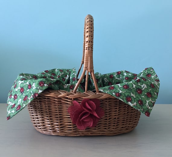 Little Red Riding Hood Brown Woven Basket for Adult With a Red Burlap  Flower Green and Red Ladybug Cloth Costume Accessory Ready to Ship 