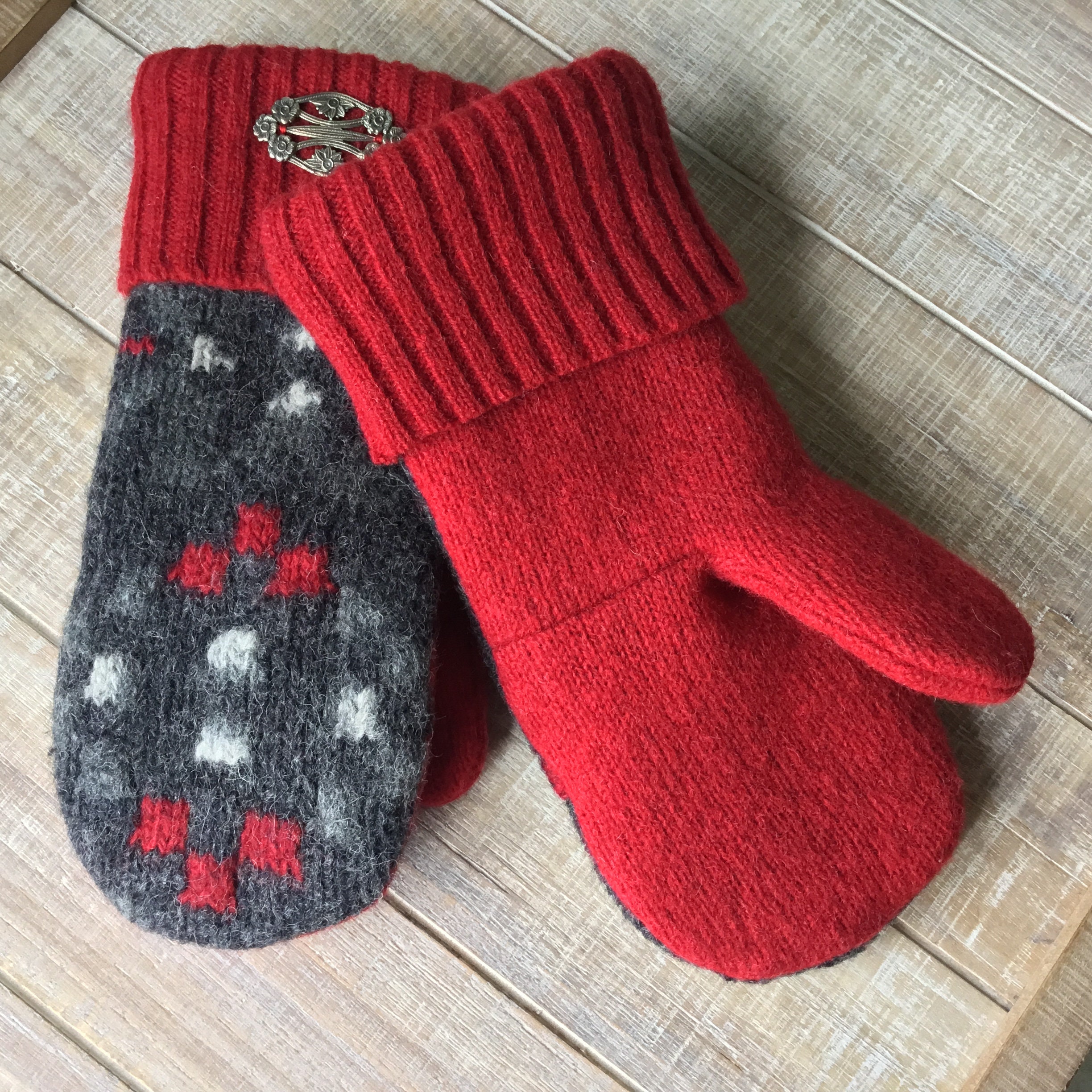 Felted Wool Repurposed Sweater Mittens Gray and Red Design | Etsy