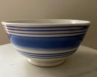 Vintage Stoneware Bowl/Blue and White Accent Stripes/Ready To Ship