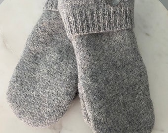 Women's Wool Repurposed Sweater Mittens/Gray Color/Size Small/Gray Polyester Fleece Lining/Plastic Shell Buttons/Ready To Ship